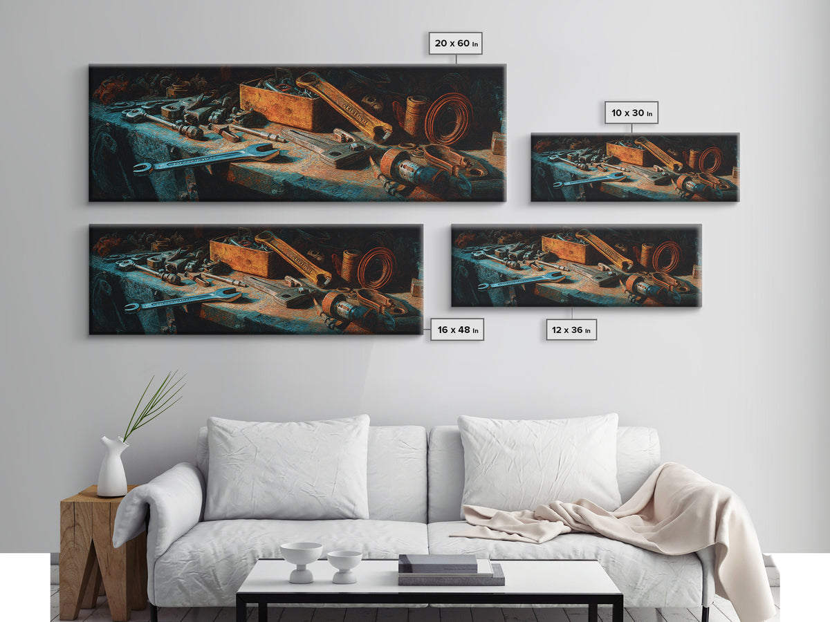 Copper Wire Coil and Tools Composition Canvas Print, Industrial Art, Neutral Decor, Living Room Decor, Fine Art, Foundry, IND-3x1-36