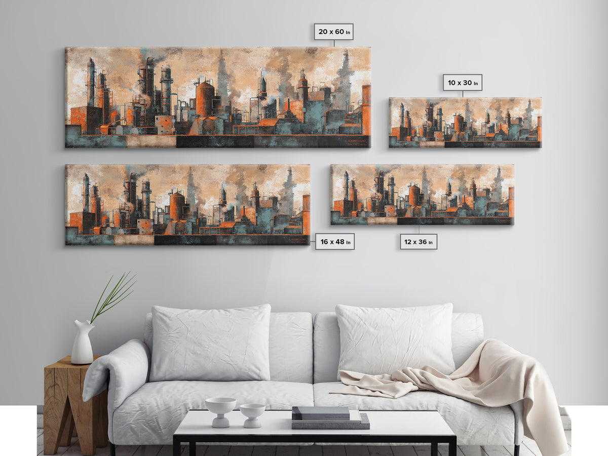 Industrial City Skyline Canvas Print, Industrial Art, Rustic Home Decor, Living Room Decor, Abstract Art, Foundry, IND-3x1-4