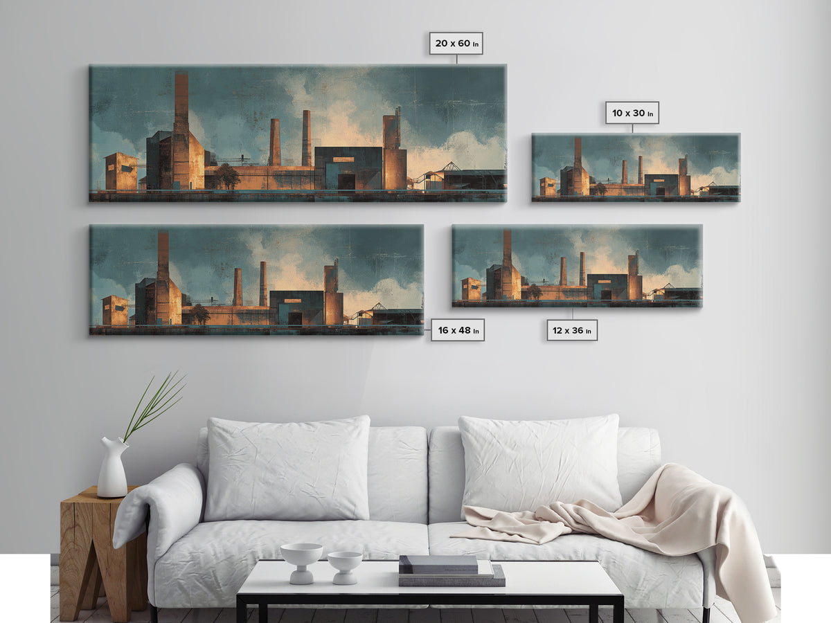 Factory Smokestacks with Moody Sky Framed Canvas Print, Industrial Art, Wall Hanging, Living Room Decor, Fine Art, Foundry, IND-3x1-51