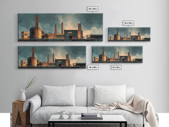 Factory Smokestacks with Moody Sky Framed Canvas Print, Industrial Art, Wall Hanging, Living Room Decor, Fine Art, Foundry, IND-3x1-51