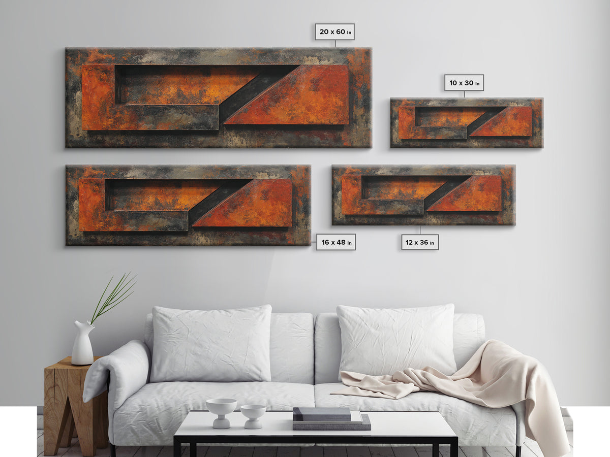 Rust Orange and Charcoal Geometric Abstraction Canvas Print, Industrial Art, Black and White Art, Living Room Decor, Foundry, IND-3x1-6