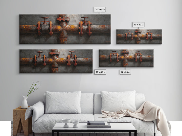 Metal Pipes and Valves as Graphic Composition Framed Canvas Print, Industrial Art, Wall Decor, Living Room Decor, Foundry, IND-3x1-72