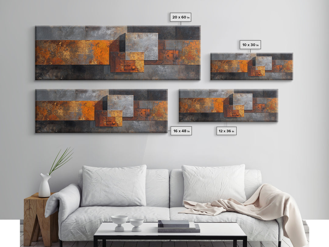 Rust Orange and Charcoal Geometric Abstraction Canvas Print, Industrial Art, Abstract Art, Living Room Decor, Fine Art, Foundry, IND-3x1-78