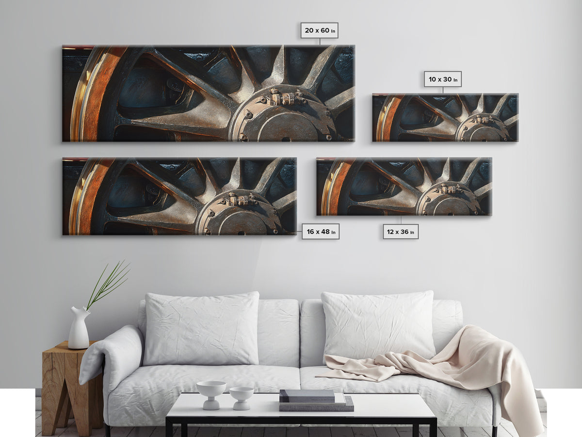 Steam Locomotive Wheel Closeup Canvas Print, Industrial Art, Black and White Art, Living Room Decor, Watercolor Art, Foundry, IND-3x1-94