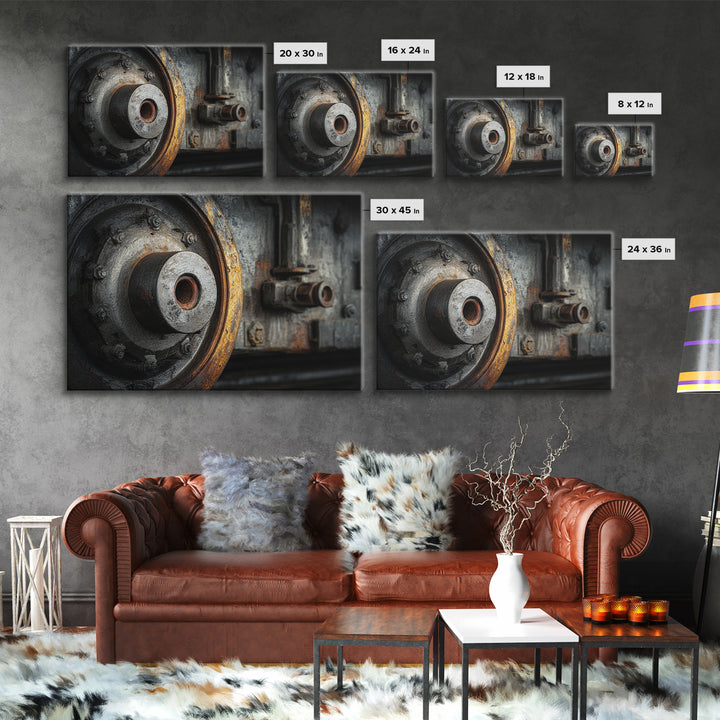 Steam Locomotive Wheel Closeup Framed Canvas Print, Industrial Art, Living Room Art, Living Room Decor, Fine Art, Foundry, IND-3x2-10