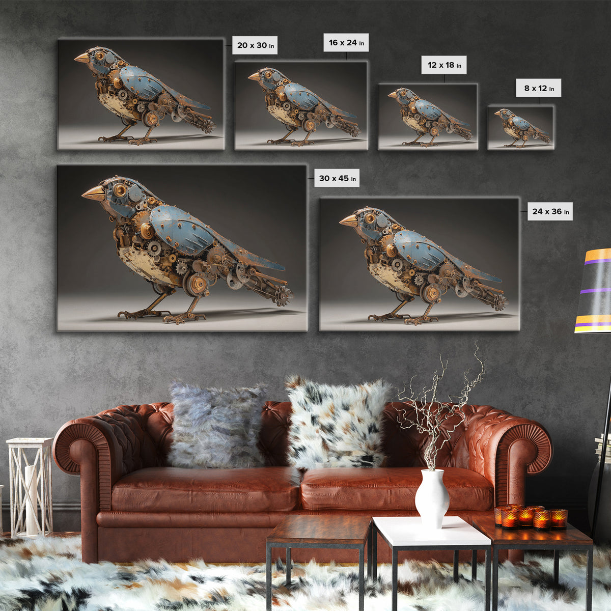 Mechanical Bird Made from Gears Framed Canvas Print, Industrial Art, Luxury Decor, Living Room Decor, Fine Art, Foundry, IND-3x2-23