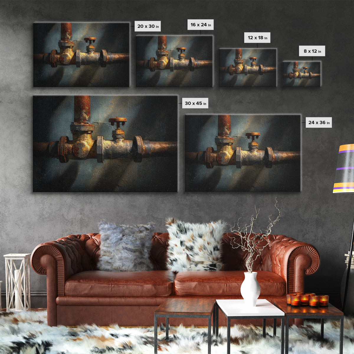 Metal Pipes and Valves as Graphic Composition Framed Canvas Print, Industrial Art, Luxury Decor, Living Room Decor, Foundry, IND-3x2-36