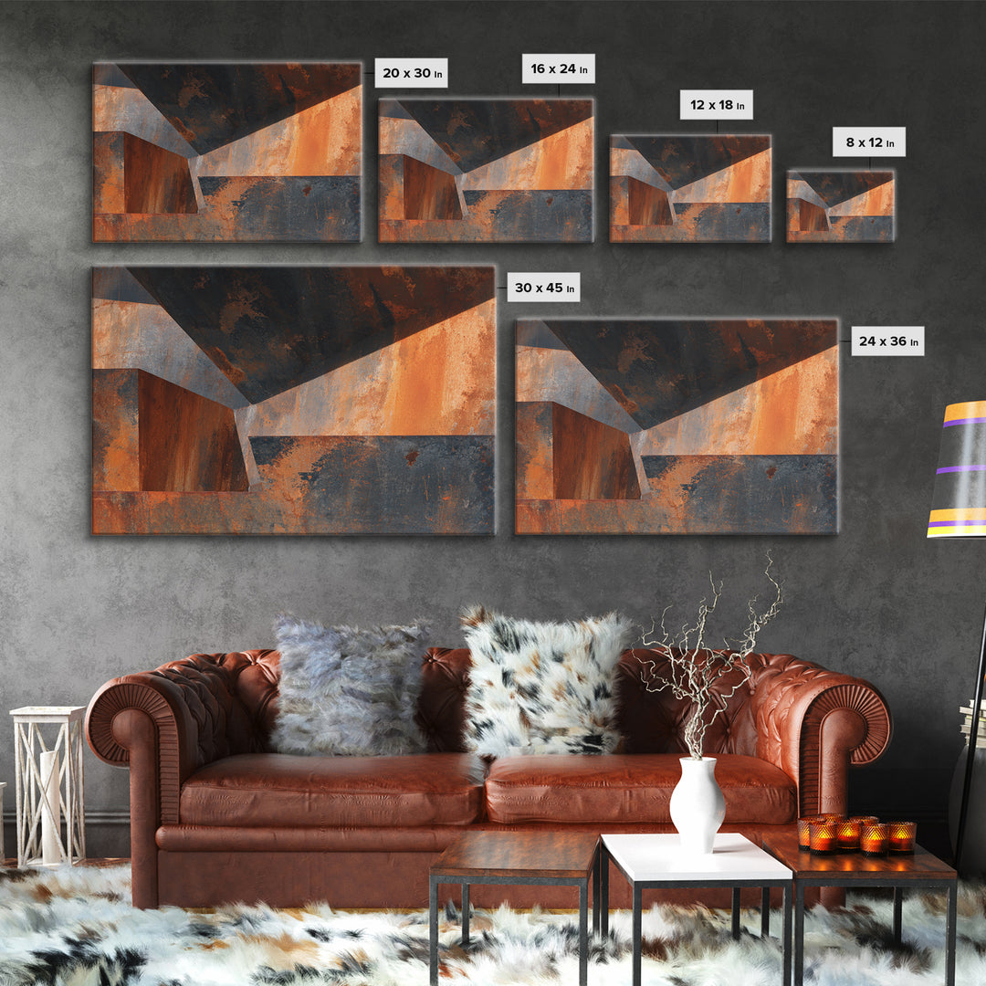 Rust Orange and Charcoal Geometric Abstraction Canvas Print, Industrial Art, Steampunk Decor, Living Room Decor, Abstract Art, IND-3x2-42