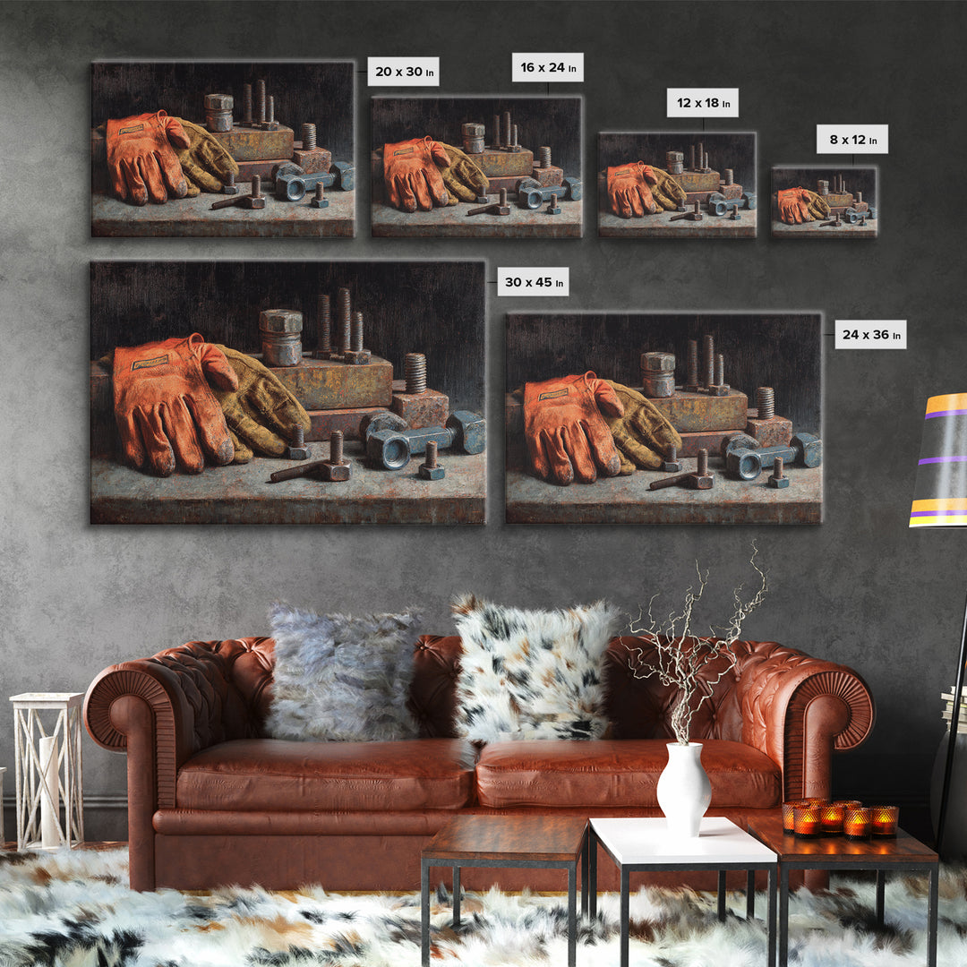 Worn Work Gloves and Bolts Arrangement Framed Canvas Print, Industrial Art, Bauhaus Poster, Living Room Decor, Foundry, IND-3x2-46