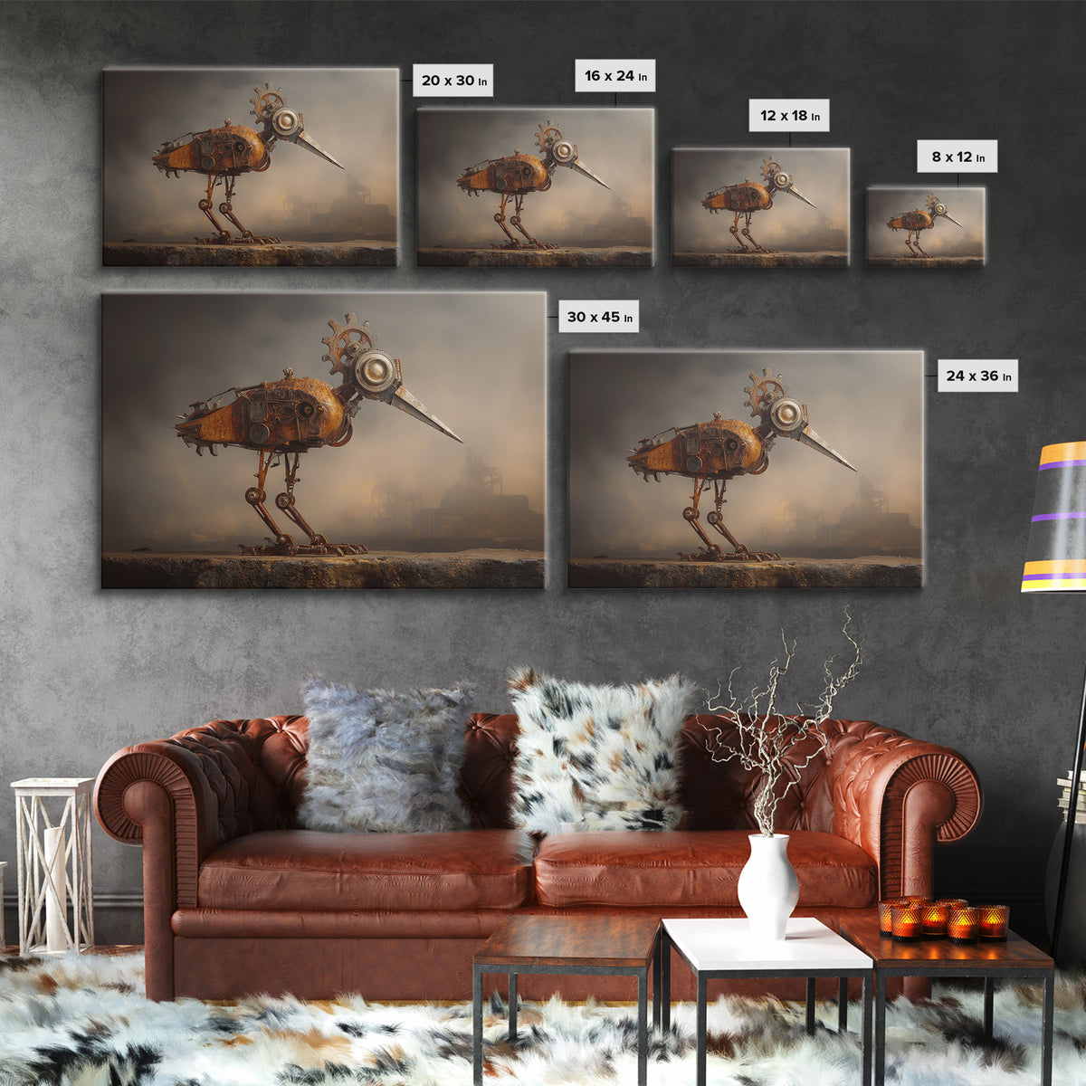 Mechanical Bird Made from Gears Framed Canvas Print, Industrial Art, Metal Art, Living Room Decor, Oil Painting, Foundry, IND-3x2-47