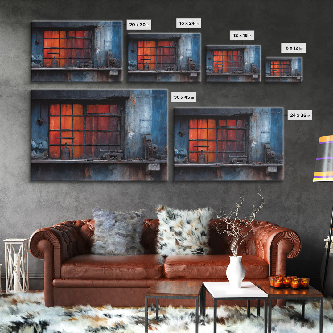 Old Factory Window Framed Canvas Print, Industrial Art, Large Art, Living Room Decor, Fine Art, Foundry, Statement Artwork, IND-3x2-6