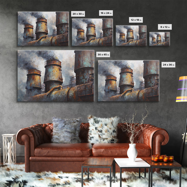 Factory Smokestacks with Moody Sky Framed Canvas Print, Industrial Art, Fine Art Print, Living Room Decor, Fine Art, Foundry, IND-3x2-63