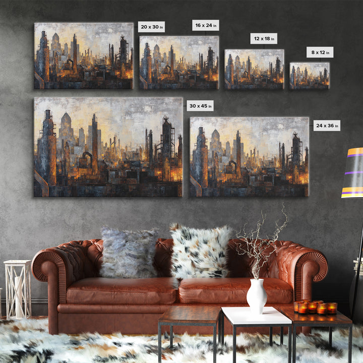 Industrial City Skyline Framed Canvas Print, Industrial Art, Art Print, Living Room Decor, Fine Art, Foundry, Modern Art, IND-3x2-64