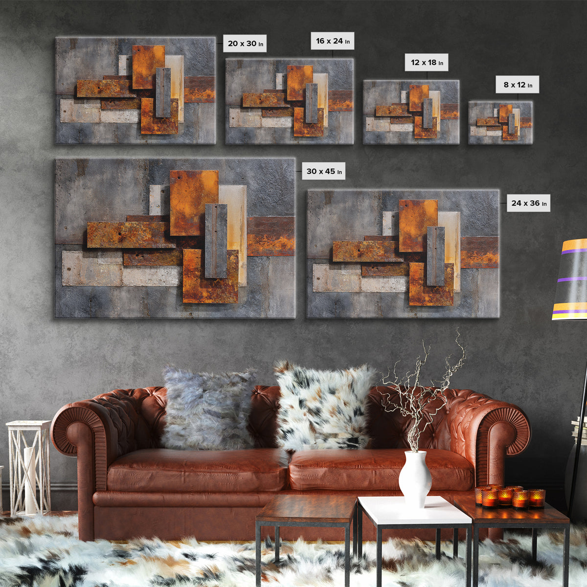 Rust Orange and Charcoal Geometric Abstraction Canvas Print, Industrial Art, Steampunk Decor, Living Room Decor, Abstract Art, IND-3x2-66