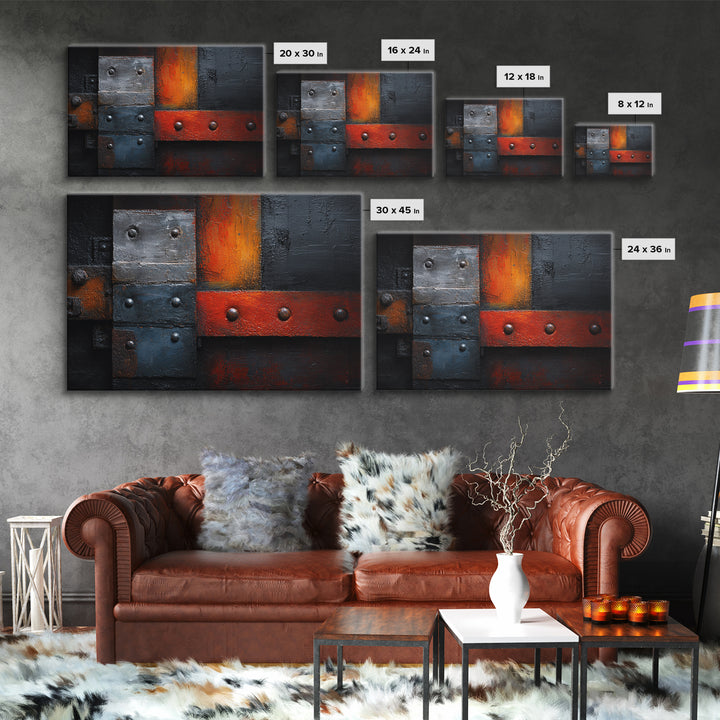Riveted Metal Panel Texture Study Framed Canvas Print, Industrial Art, Living Room Decor, Oil Painting, Foundry, IND-3x2-74