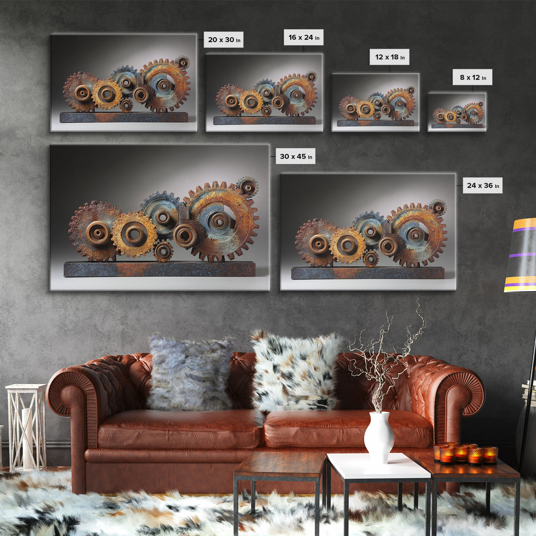 Rusted Gears Arranged as Sculptural Still Life Framed Canvas Print, Industrial Art, Wall Decor, Living Room Decor, Foundry, IND-3x2-77