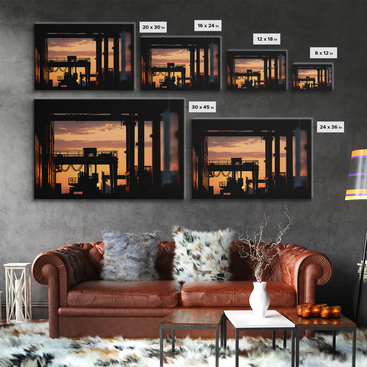 Warehouse Crane Silhouette Canvas Print, Industrial Art, Steampunk Decor, Living Room Decor, Fine Art, Foundry, Luxury Decor, IND-3x2-83