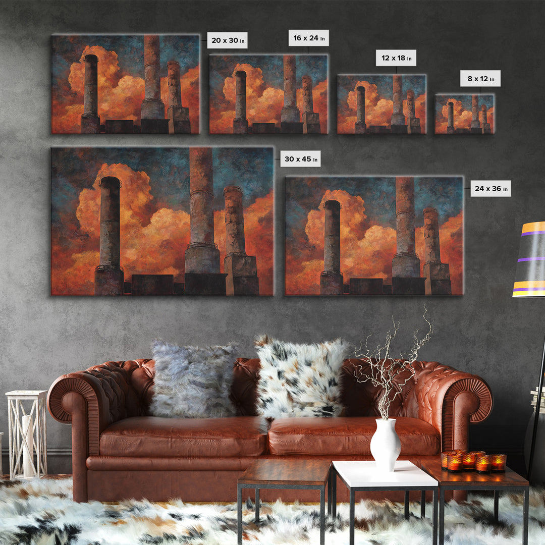 Factory Smokestacks with Moody Sky Framed Canvas Print, Industrial Art, Textured Wall Art, Living Room Decor, Fine Art, Foundry, IND-3x2-87