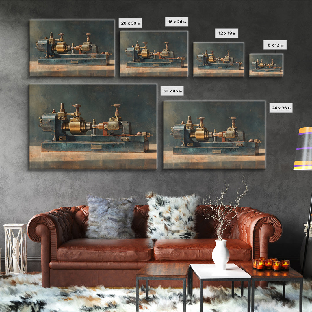 Brass Gauge and Machinery Still Life Canvas Print, Industrial Art, Home Decor, Living Room Decor, Oil Painting, Foundry, IND-3x2-89