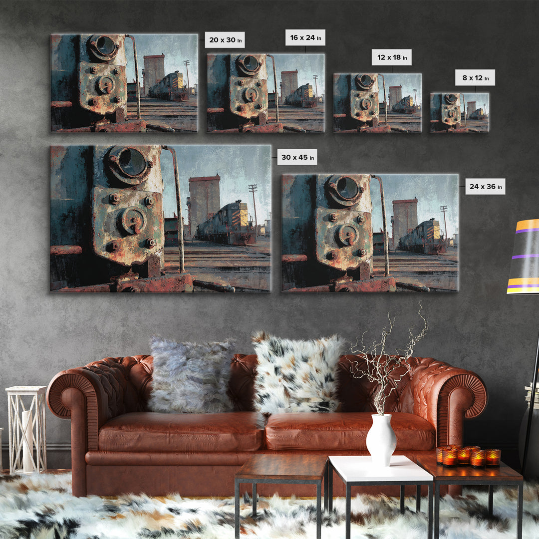 Urban Rail Yard Framed Canvas Print, Industrial Art, Art, Living Room Decor, Watercolor Art, Foundry, Printable Art, IND-3x2-97