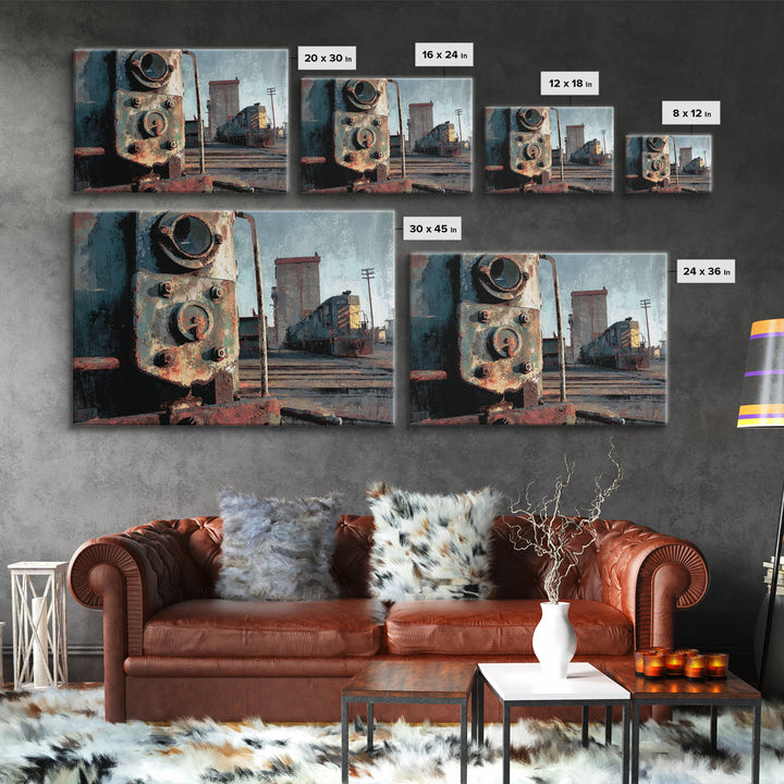 Urban Rail Yard Framed Canvas Print, Industrial Art, Art, Living Room Decor, Watercolor Art, Foundry, Printable Art, IND-3x2-97
