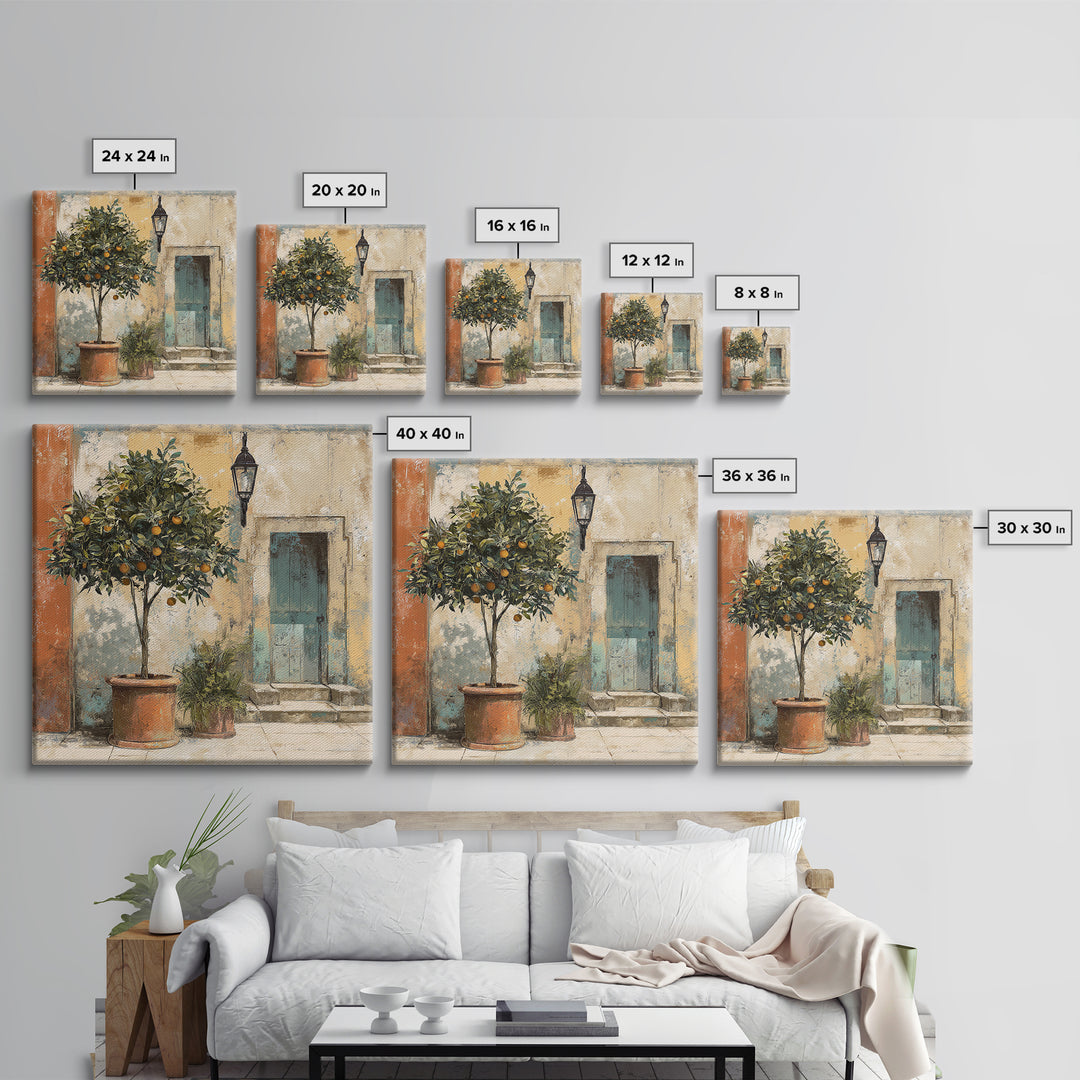 Orange Tree in a Courtyard Planter Canvas Print, Italian Villa Art, Coastal Decor, Living Room Decor, Fine Art, Villa, IVA-1x1-14