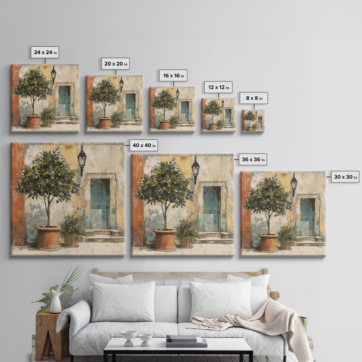 Orange Tree in a Courtyard Planter Canvas Print, Italian Villa Art, Coastal Decor, Living Room Decor, Fine Art, Villa, IVA-1x1-14