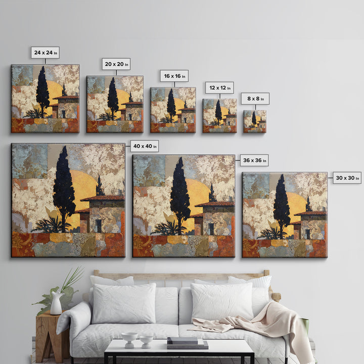 Cypress Silhouette at Sunset Framed Canvas Print, Italian Villa Art, Landscape Painting, Living Room Decor, Fine Art, Villa, IVA-1x1-21