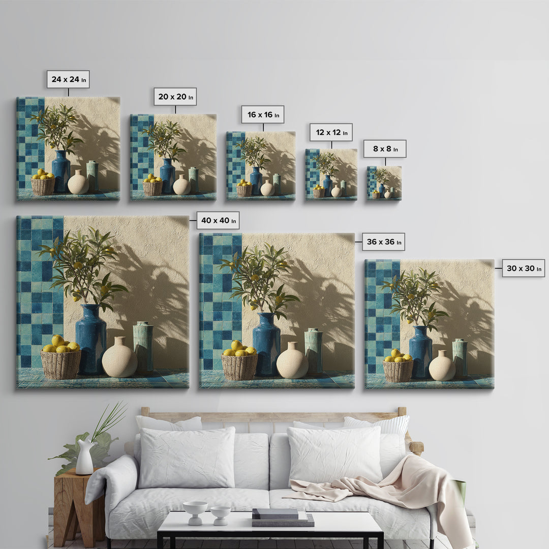 Lemon Branch in Blue Ceramic Vase Canvas Print, Italian Villa Art, Gallery Wall, Living Room Decor, Watercolor Art, Villa, IVA-1x1-26