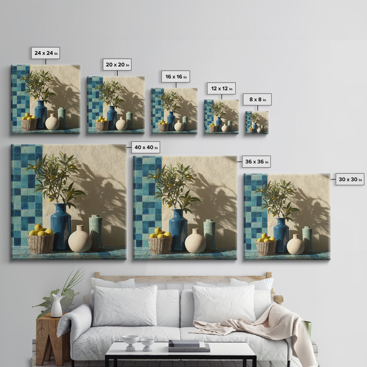 Lemon Branch in Blue Ceramic Vase Canvas Print, Italian Villa Art, Gallery Wall, Living Room Decor, Watercolor Art, Villa, IVA-1x1-26
