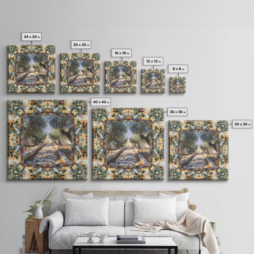 Olive Grove Path Framed Canvas Print, Italian Villa Art, Bedroom Wall Decor, Living Room Decor, Villa, Neutral Wall Art, IVA-1x1-27