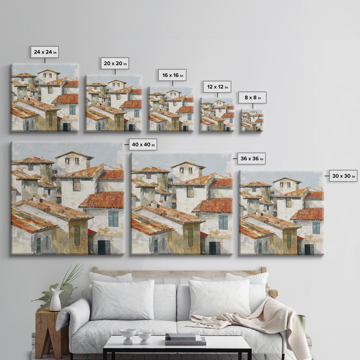 Terracotta Rooftops Against Pale Sky Framed Canvas Print, Italian Villa Art, Printable Art, Living Room Decor, Oil Painting, IVA-1x1-28