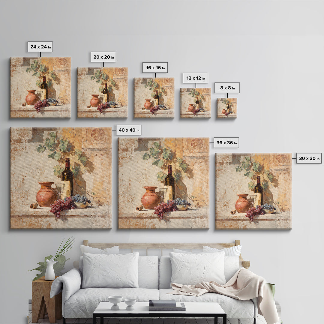 Grapevine and Wine Still Life on Linen Canvas Print, Italian Villa Art, Coastal Wall Art, Living Room Decor, Abstract Art, IVA-1x1-31