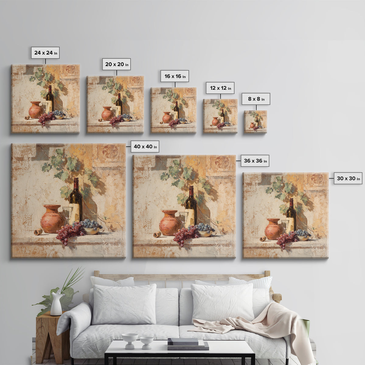Grapevine and Wine Still Life on Linen Canvas Print, Italian Villa Art, Coastal Wall Art, Living Room Decor, Abstract Art, IVA-1x1-31