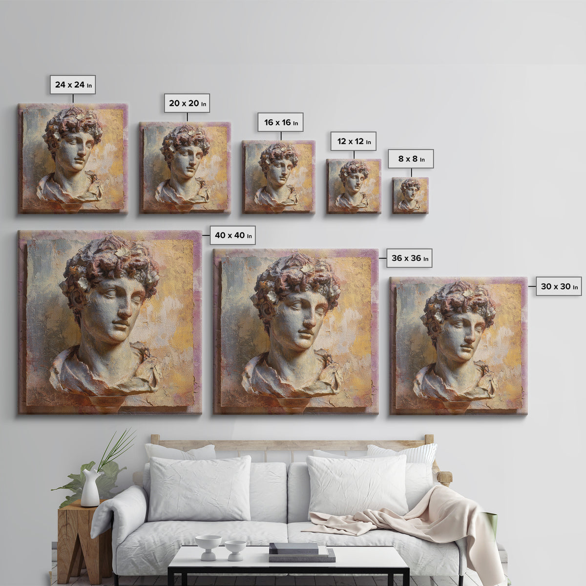 Classic Roman Statue Bust Canvas Print, Italian Villa Art, Living Room Decor, Watercolor Art, Villa, Living Room Art, IVA-1x1-36