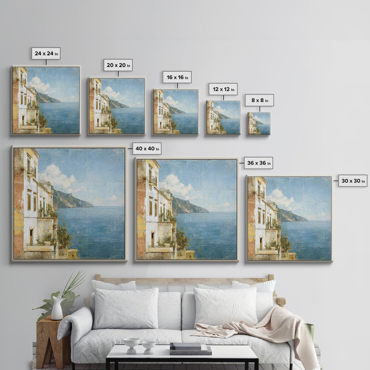 Amalfi Coast Cliffs Framed Canvas Print, Italian Villa Art, Colorful Wall Art, Living Room Decor, Oil Painting, Villa, IVA-1x1-37