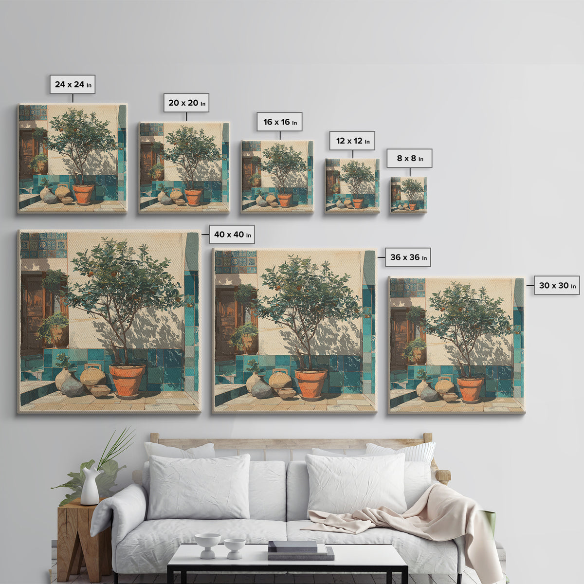 Orange Tree in a Courtyard Planter Framed Canvas Print, Italian Villa Art, Digital Download Art, Living Room Decor, Villa, IVA-1x1-38