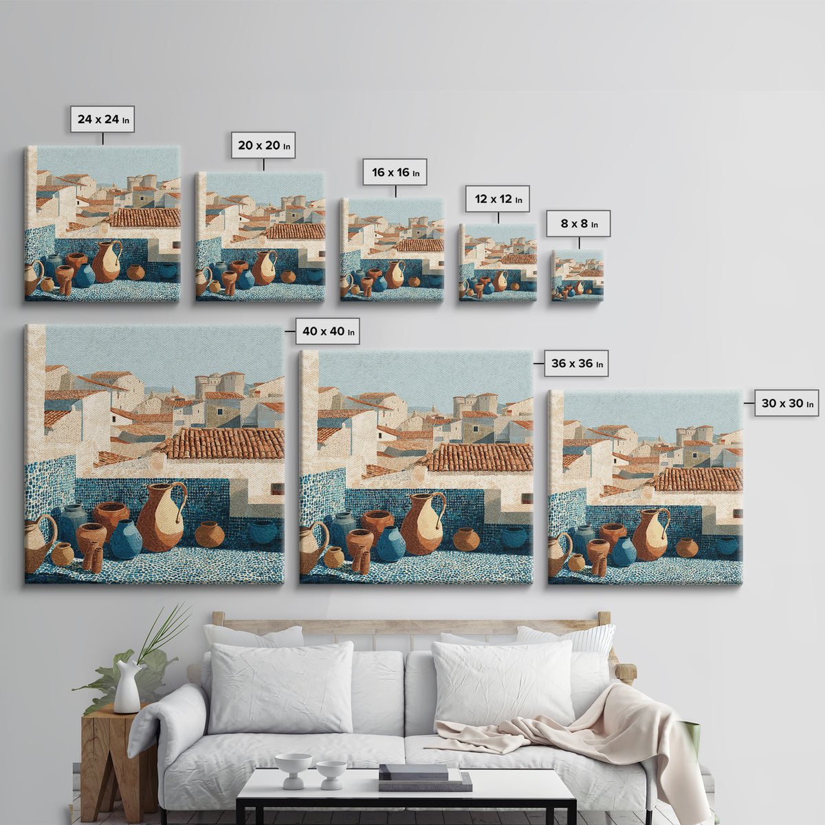 Terracotta Rooftops Against Pale Sky Canvas Print, Italian Villa Art, Wall Art Prints, Living Room Decor, Watercolor Art, Villa, IVA-1x1-4