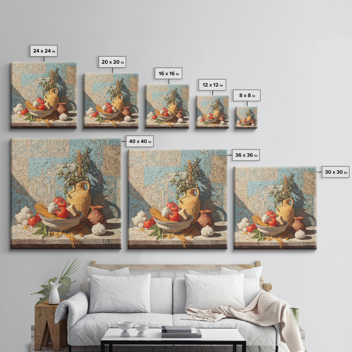 Pasta Herbs and Tomatoes Still Life Framed Canvas Print, Italian Villa Art, Farmhouse Wall Art, Living Room Decor, Oil Painting, IVA-1x1-43