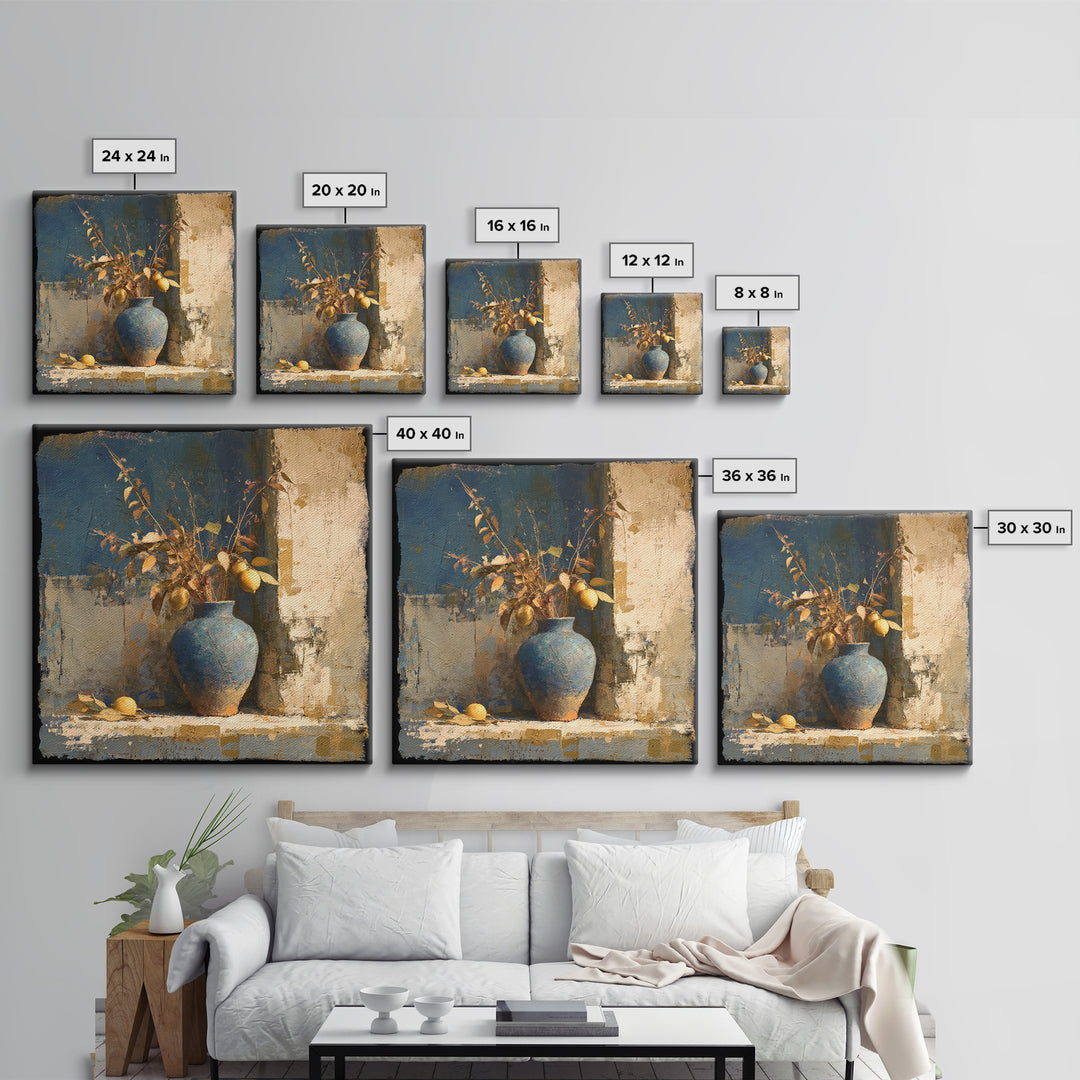 Lemon Branch in Blue Ceramic Vase Canvas Print, Italian Villa Art, Gallery Wall, Living Room Decor, Watercolor Art, Villa, IVA-1x1-50