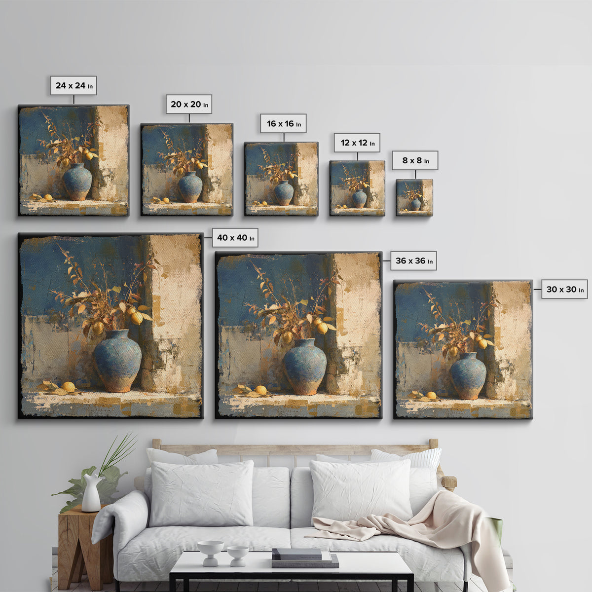 Lemon Branch in Blue Ceramic Vase Canvas Print, Italian Villa Art, Gallery Wall, Living Room Decor, Watercolor Art, Villa, IVA-1x1-50