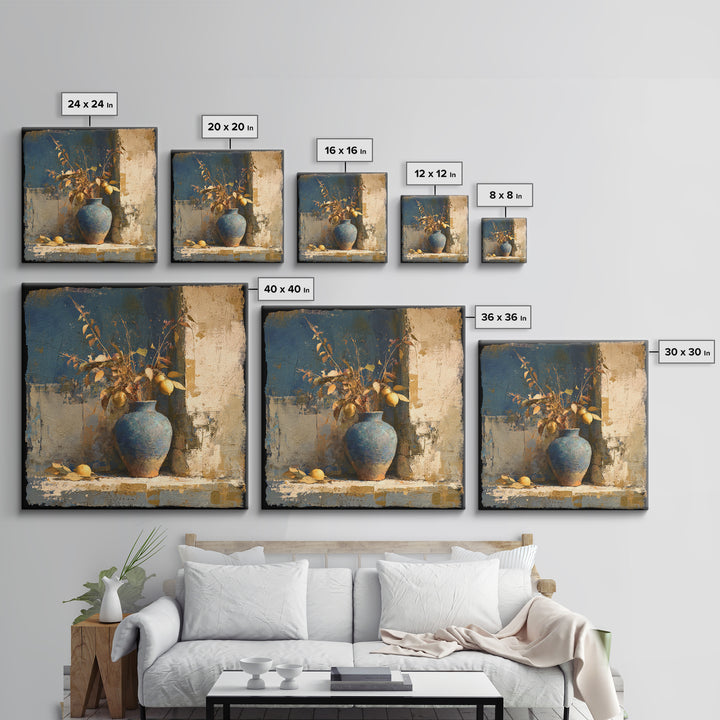 Lemon Branch in Blue Ceramic Vase Canvas Print, Italian Villa Art, Gallery Wall, Living Room Decor, Watercolor Art, Villa, IVA-1x1-50