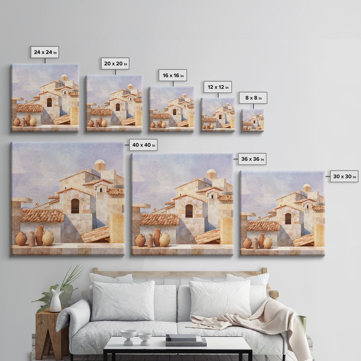 Terracotta Rooftops Against Pale Sky Framed Canvas Print, Italian Villa Art, Colorful Wall Art, Living Room Decor, Villa, IVA-1x1-52