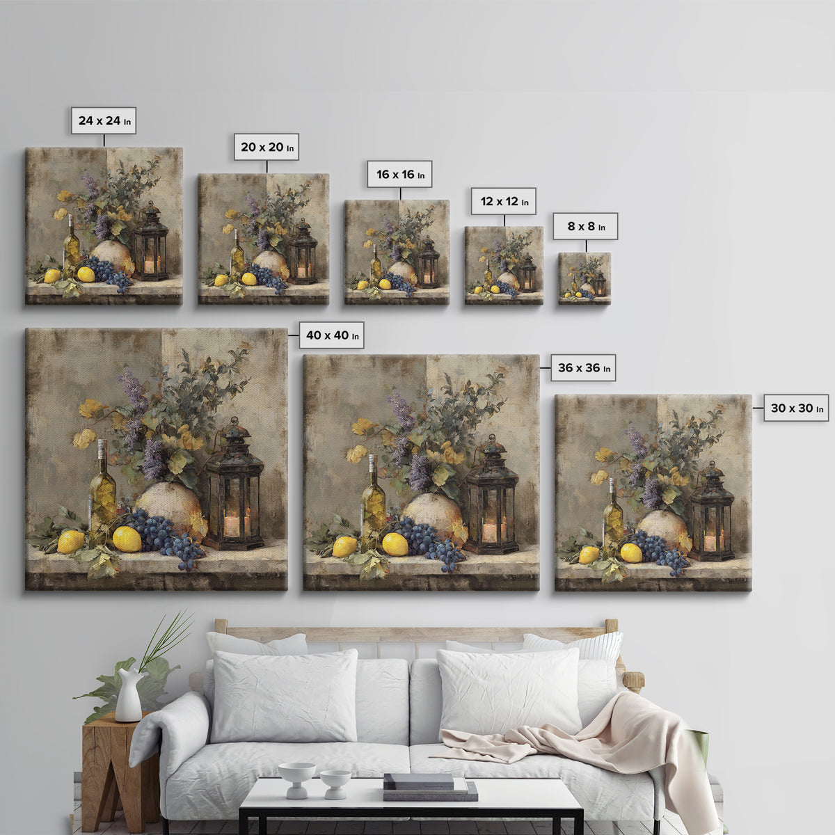 Grapevine and Wine Still Life on Linen Canvas Print, Italian Villa Art, Neutral Wall Art, Living Room Decor, Abstract Art, IVA-1x1-55