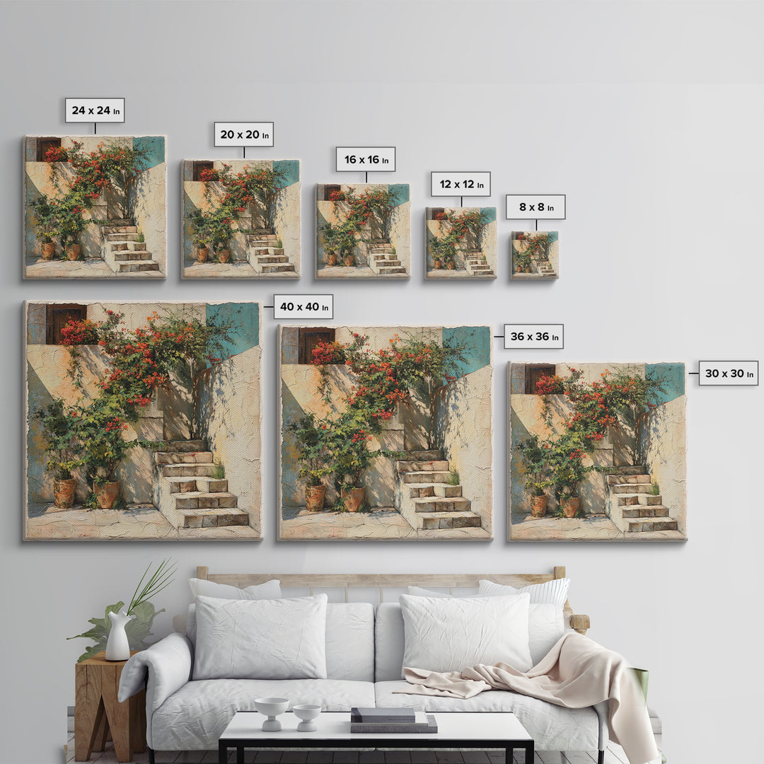 Sunlit Stone Stairway Canvas Print, Italian Villa Art, Rustic Home Decor, Living Room Decor, Fine Art, Villa, Boho Decor, IVA-1x1-59