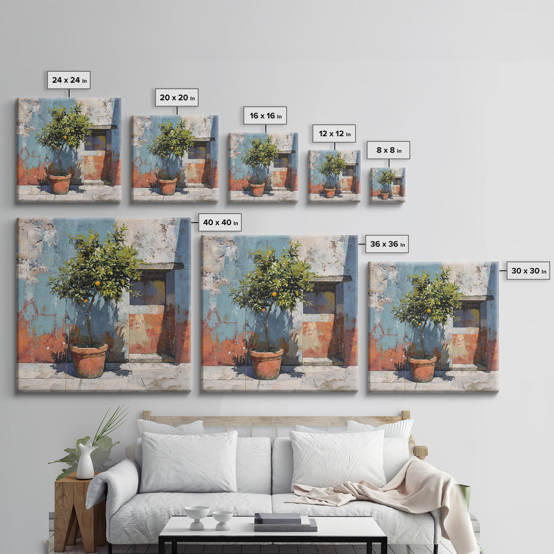 Orange Tree in a Courtyard Planter Framed Canvas Print, Italian Villa Art, Digital Download Art, Living Room Decor, Villa, IVA-1x1-62