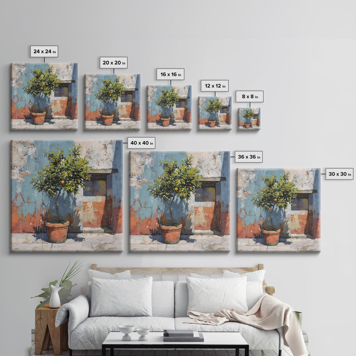 Orange Tree in a Courtyard Planter Framed Canvas Print, Italian Villa Art, Digital Download Art, Living Room Decor, Villa, IVA-1x1-62