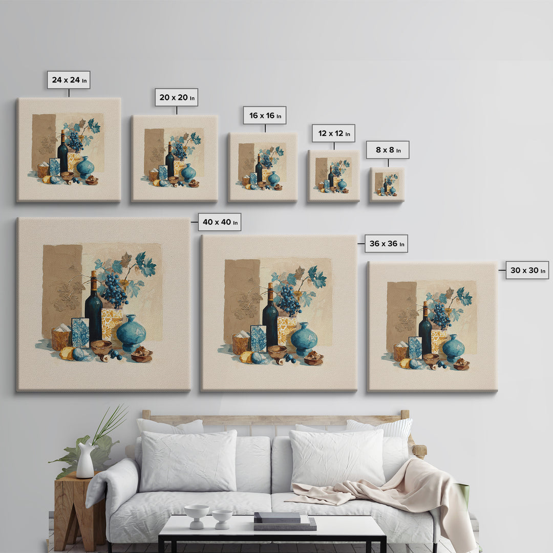 Grapevine and Wine Still Life on Linen Framed Canvas Print, Italian Villa Art, Printable Art, Living Room Decor, Villa, IVA-1x1-7