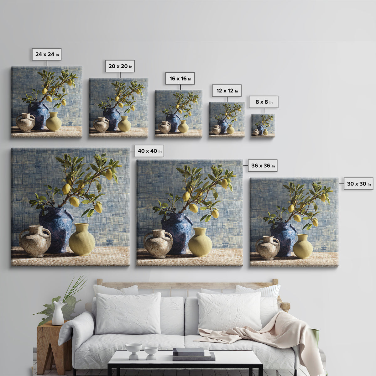 Lemon Branch in Blue Ceramic Vase Framed Canvas Print, Italian Villa Art, Gallery Wall Set, Living Room Decor, Watercolor Art, IVA-1x1-74
