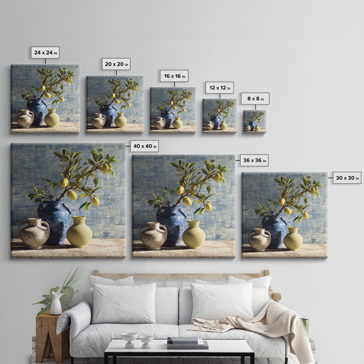 Lemon Branch in Blue Ceramic Vase Framed Canvas Print, Italian Villa Art, Gallery Wall Set, Living Room Decor, Watercolor Art, IVA-1x1-74